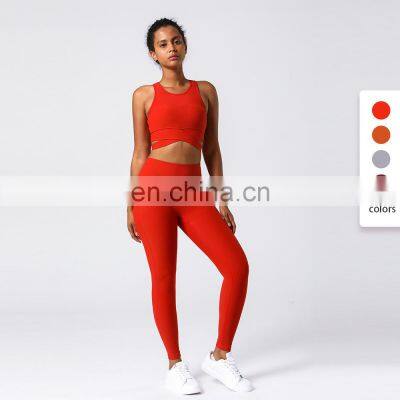 Low MOQ Beauty Back Sports Bra And High Waist Leggings Women Workout Fitness Yoga Wear 2Piece Set Ribbed Cross Back Bra Set