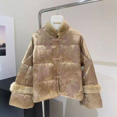 The New Winter Stand-up Collar Mink Fur Coat With Silk Jacquard Buttons and Thickened Chinese-style Goose Down Jackets Exude a High-end Feel for Women photo-2