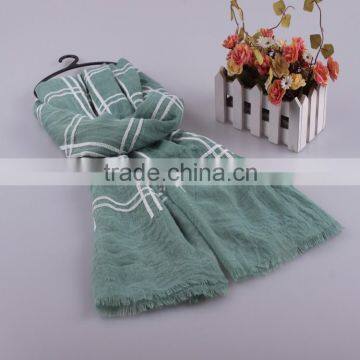Wholesale Korean Fashion Woman Checked Plaid Embroidery Design Tassel Wide Voile Cotton Scarf