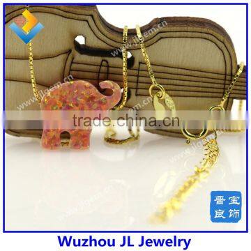 Synthetic Opal Elephant Gem Stone With 18K Gold Plated 925 Silver Necklace photo-5