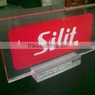 custom clear acrylic printing logo sign board,table sign display with slot base