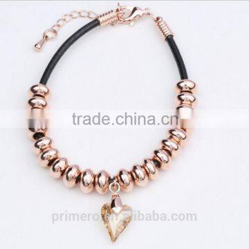 Fashion Austrian Crystal Plated Bracelets Leather Rope Heart Love Beads Bangles Jewelry photo-4