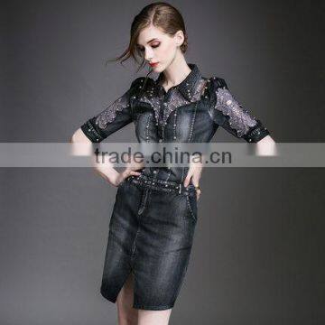 2015 latest fashion High-end clothing half sleeve hollow out denim dress