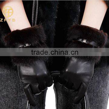 2016 winter new style Female fashion sheepskin leather gloves with mink fur cuffs