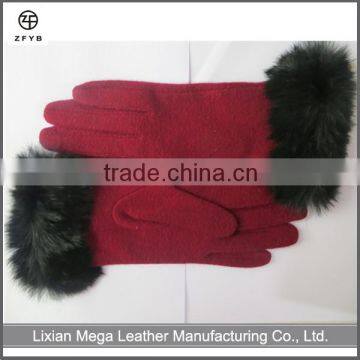 Wholesale Ladies Red Wool Fur Gloves,Fashion Cashmere Gloves With Black Rabbit Fur