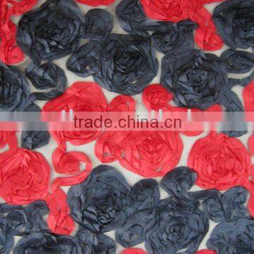 Red Black Double 3D Effect Rosette Dribbling Embroidery Mesh Fabric for Clothes Patchwork Rose Coilling Embroidery Craft