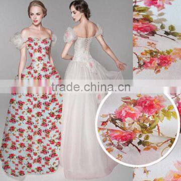 camellia floral printed silk organza fabric polyester