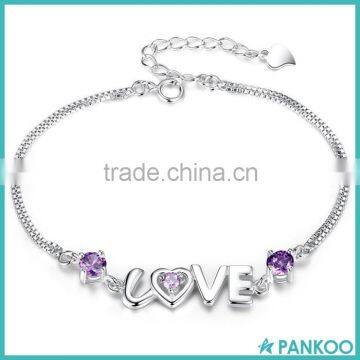 2016 Wholesale Fashion 925 Sterling Silver Purple CZ Love Charm Bracelets For Women Jewelry