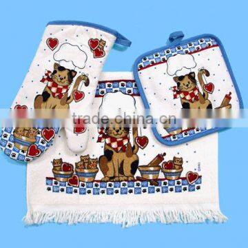 3pc Pigment Printing Towel With Fringe Cheese Holder Set Rooster Design Glove Set photo-5