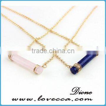 Latest New Design Ladies Thin Long Rond Type Pink and Royal Blue Natural Crystal Stone Necklace with Gold Chain