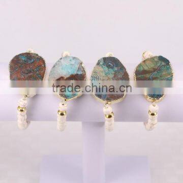 Gold Plated Agate Slab Connector Stone Druzy Bracelet, Howlite Turquoise Beaded Gemstone Jewelry Bracelets