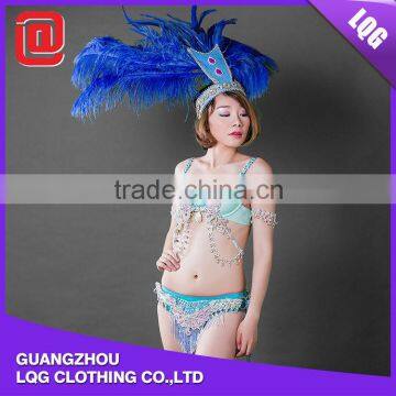 Unique design sexy blue beaded rhinestone feather showgirl clothing wholesale carnival costume