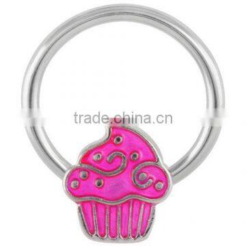 Pink Enamel Cupcake Captive Bead Ring - 14G