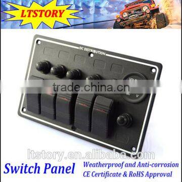 5 GANG LED Waterproof Rorcker Switches Aluminum Panel with Digital Voltmeter
