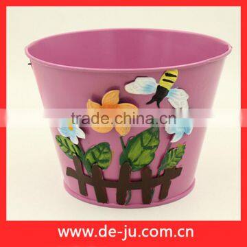 Green Printing With Flowers Round Small Metal Planter photo-3