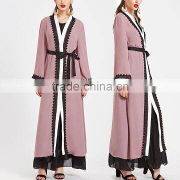 New Model Contrast Crochet Lace Trim Chiffon Abaya In Dubai Moroccan Kaftan HSd5194