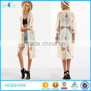 Open front embroidered mesh kimono white lace kimono for women