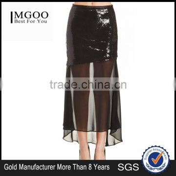 MGOO New Arrival Custom OEM Women Sequin Transparent Sexy Skirts For Women Two Layers Chiffon Long Skirt 15145A221