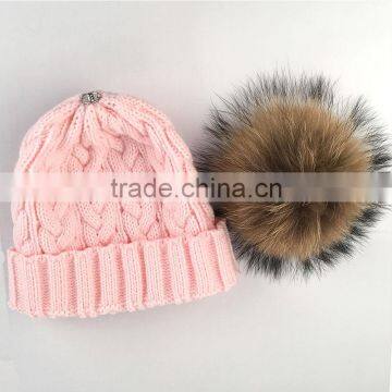 Myfur Fuzzy Big Raccoon Fur Bobble Cable Knit Hat Wholesale Girls Beanie