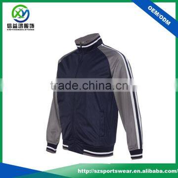 OEM navy blue and white stripe sleeve 100%polyester smooth man sport jacket with available color