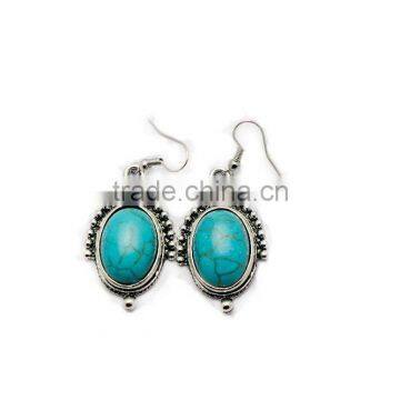 Silver Wire Wrapped Turquoise Natural Stone Oval Drop Earrings