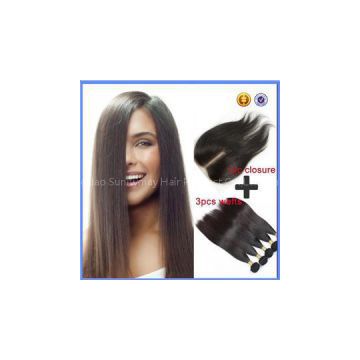 Free Shipping Wholesale Straight 100% Brazilian Virgin Hair Lace Closure And Weft Hair Extension(4x4 12\