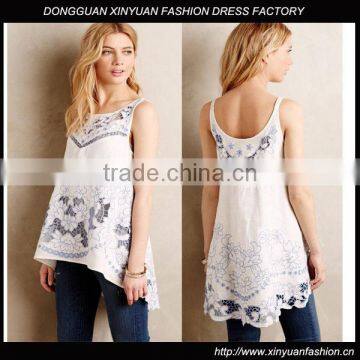 Custom Design Eyelet Detail Women Linen Tunic Top