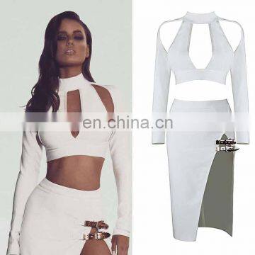 Amigo 2017 christmas party bandage dress 2pcs dresses with white long sleeve hollow out crop top and midi high vent skirt