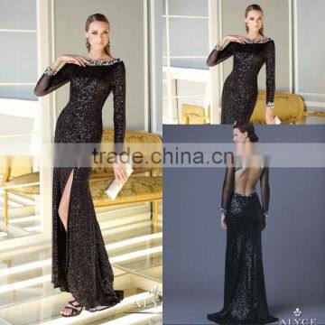 Hot Sale Long Sleeve Open Back Side Slit Crystal Black Sequins Evening Dress