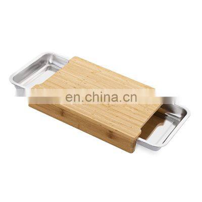 Multi-functional Cutting Board Bamboo Chopping Board with 2 Stainless Steel Pull Out Sliding Drawers Trays Food Containers