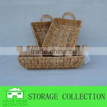 S/3 Rectangular Water Hyacinth Woven Shallow Tray With Handles