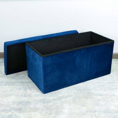 Foldable Storage Velvet Ottoman-Dark Blue photo-3