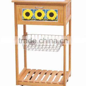 FSC pine kitchen trolley with tile top and basket