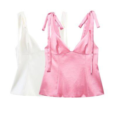 Summer new European and American style women's fashionable and sexy spicy girl bow decoration silk top
