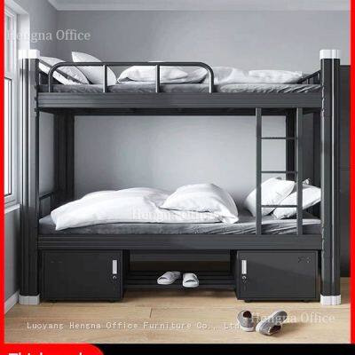 Black Metal Bunk Bed Frame With Privacy Curtain Bracket—Modern Commercial Hostel Furniture Noise Free