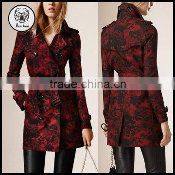 Women Winter Red Jacquard Classic Cotton Trench Coat