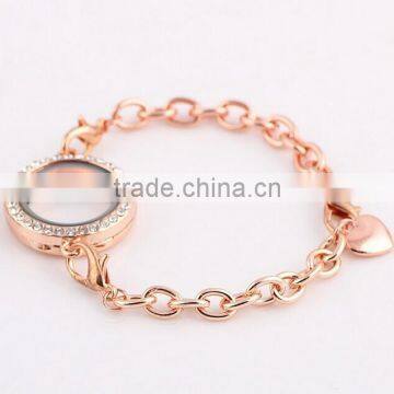 2015 New style rose gold round floating living lockets with crystal charms bracelet stainless steel&alloy jewelery bracelet