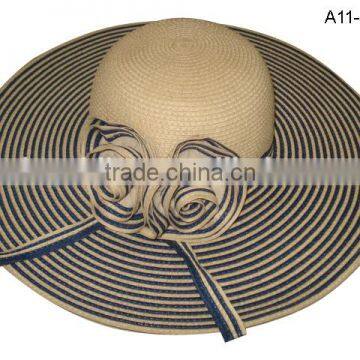 Flower Striped Straw Lady Elegant Big Beach Hat photo-2