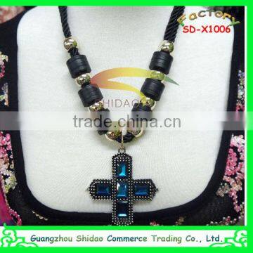 Sapphire Cross Pendant Necklace Cord Nacklace