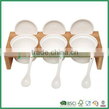 FB1-6004 White ceramic seasoning cans 3 pcs of a set with bamboo rack