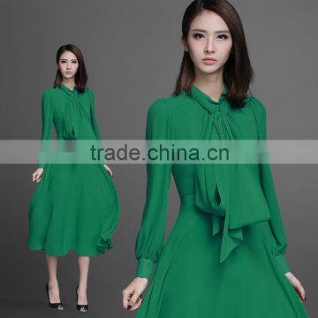 Women's Long Sleeve Vintage Classic Maxi Long Dress Pleated Ruffles With Bow Tie Chiffon Clothes