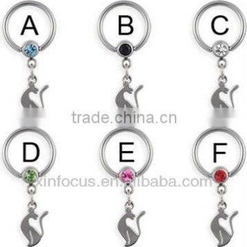 Captive bead ring with dangling cat, 14 ga bcr body jewelry