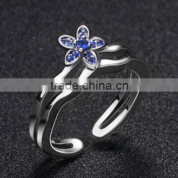 White Copper Jewelry Ring Blue Gemstone Setting Open Fashion Ring for Women photo-3