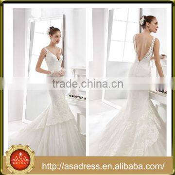 A35 Charming Deep V Neck Lace Appliqued Bridal Party Gown 2016 Full Length Mermaid Tulle Beach Wedding Dress Backless