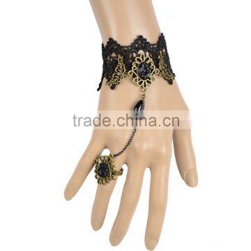 Retro Rhinestone Dangle Tassel Women Black Lace Bracelet Lace Bangle