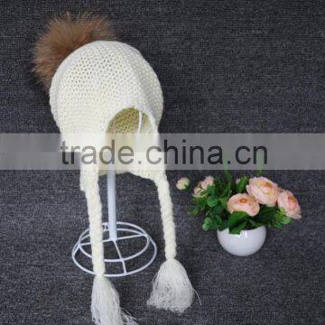 Custom wholesale slouch raccoon fur pompom knit baby beanie hat toddler hat