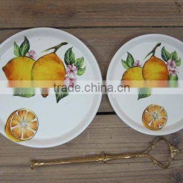 Two tier exquisite fruit and cake plates set with metal stand