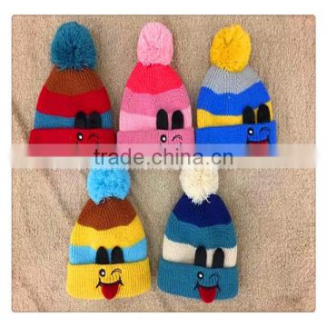 whole sale striated warm hat with happy face and top ball ,winter colorful caps