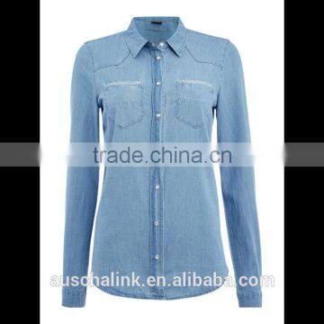 2016 New Arrival Ladies Long Sleeve Blue Denim Shirt OEM Service photo-3