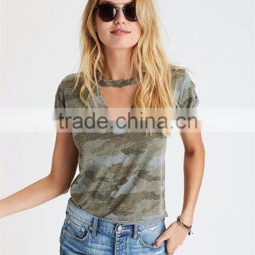 MGOO Wholesale Slim Fit Raw Cut Hems Camo T Shirts Full Digital Print Cutout T Shirt For Women photo-4